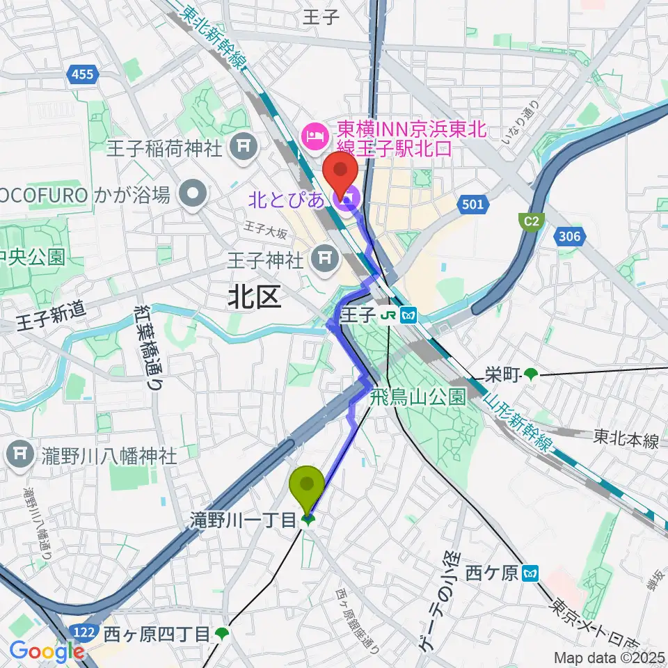 滝野川一丁目駅から北とぴあへのルートマップ地図