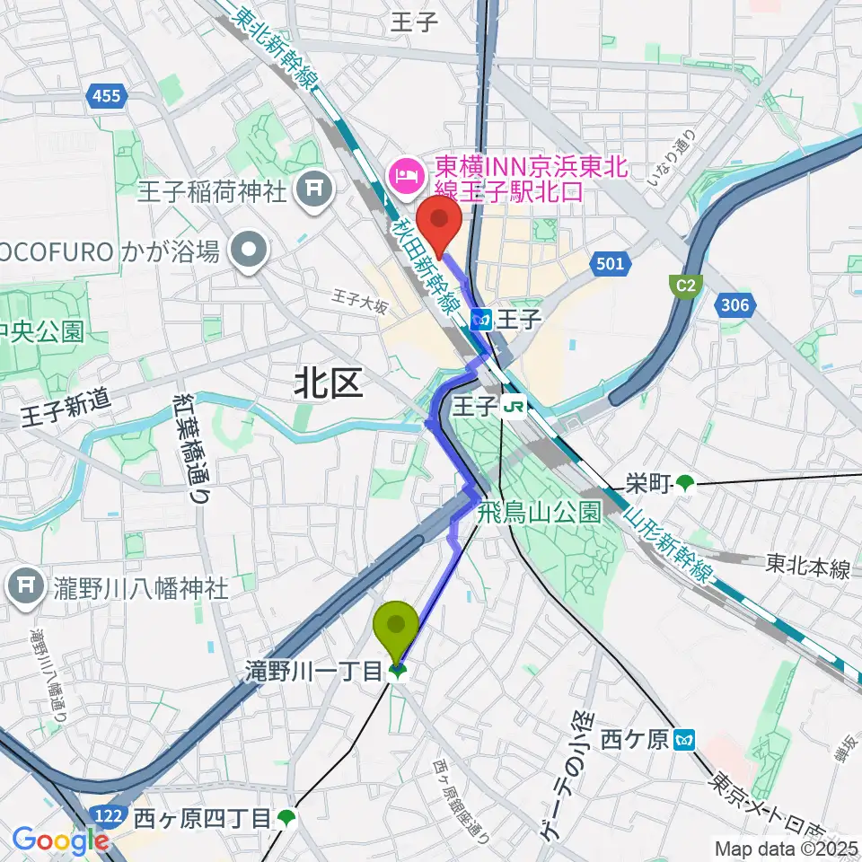 滝野川一丁目駅から北とぴあへのルートマップ地図