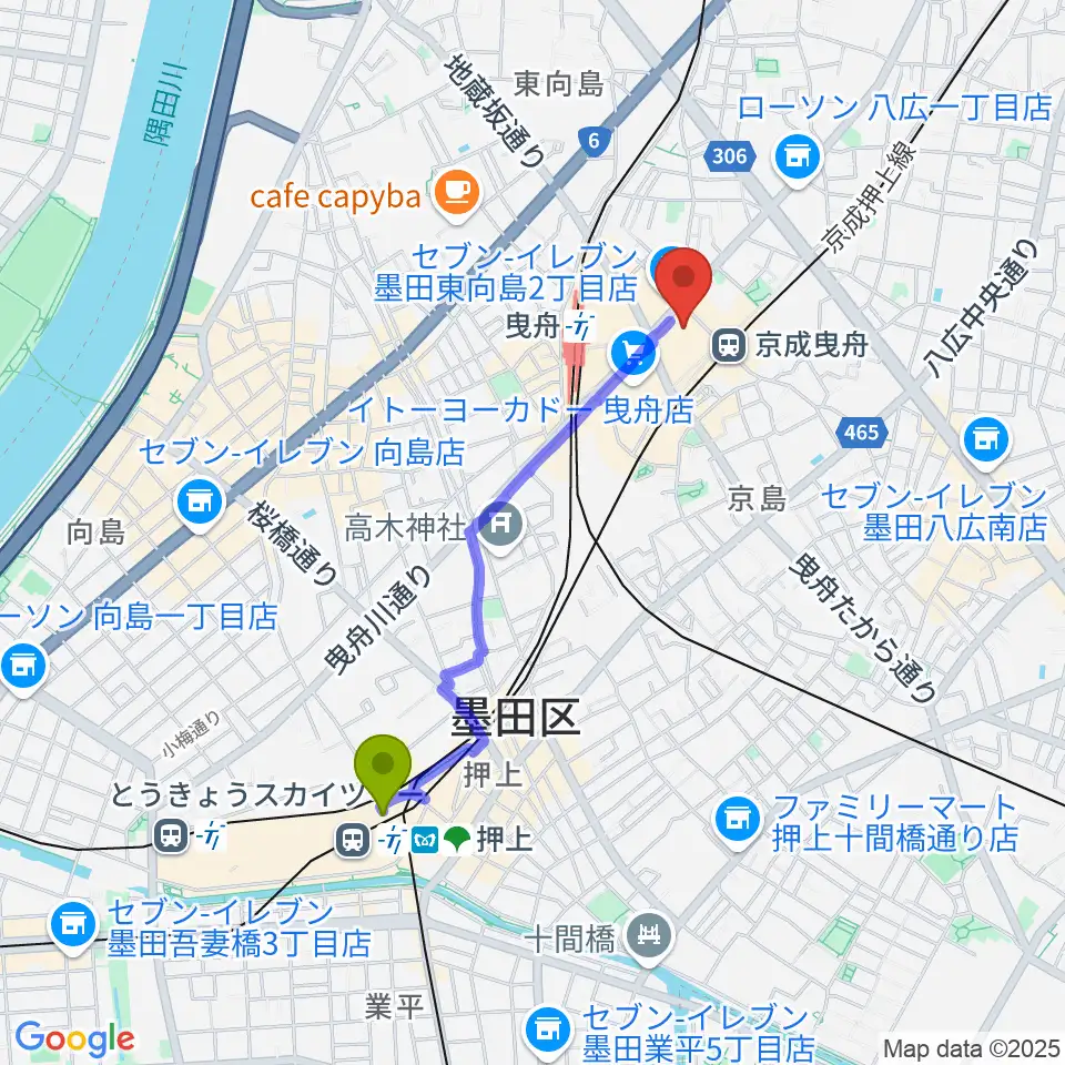 押上〈スカイツリー前〉駅から曳舟文化センターへのルートマップ地図