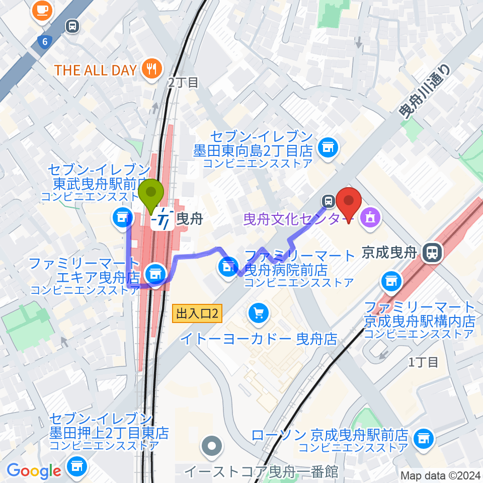 曳舟駅から曳舟文化センターへのルートマップ地図