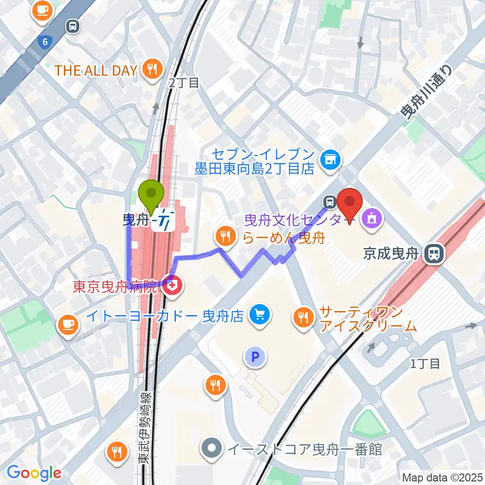 曳舟駅から曳舟文化センターへのルートマップ地図