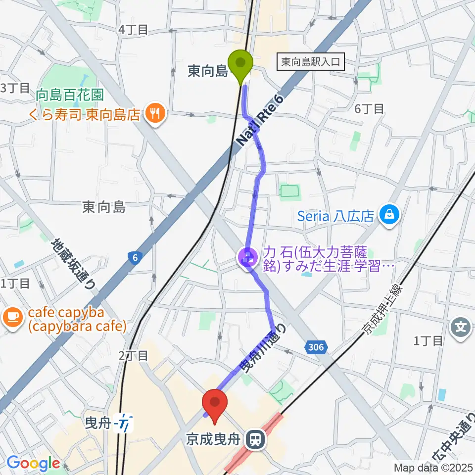 東向島駅から曳舟文化センターへのルートマップ地図