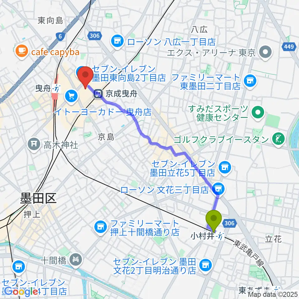 小村井駅から曳舟文化センターへのルートマップ地図