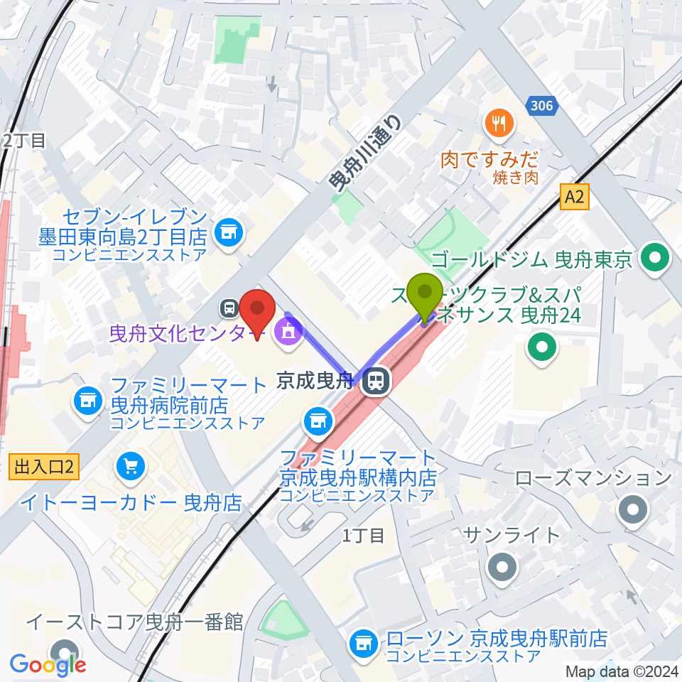 曳舟文化センターの最寄駅京成曳舟駅からの徒歩ルート（約2分）地図