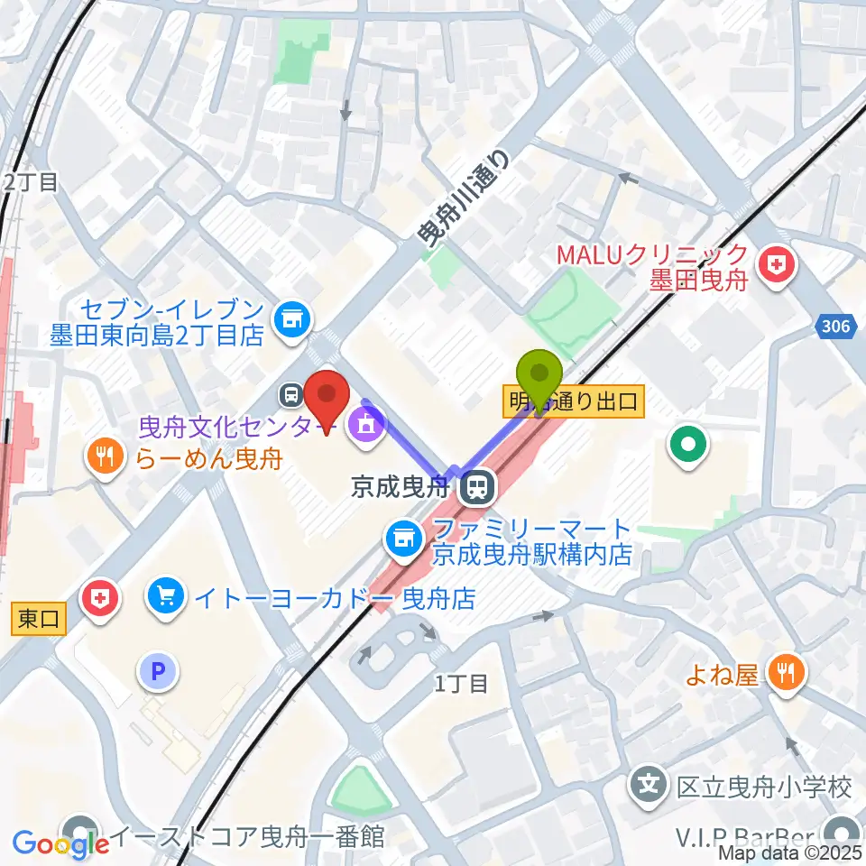 曳舟文化センターの最寄駅京成曳舟駅からの徒歩ルート（約2分）地図