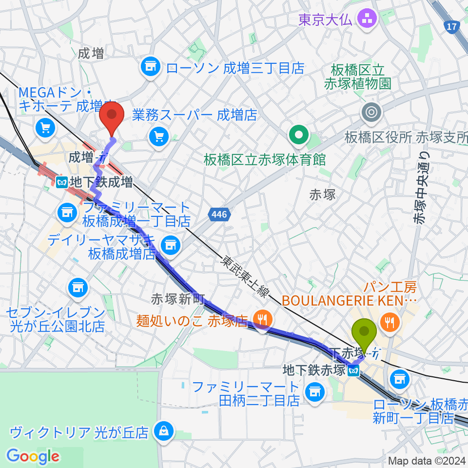 下赤塚駅から成増アクトホールへのルートマップ地図