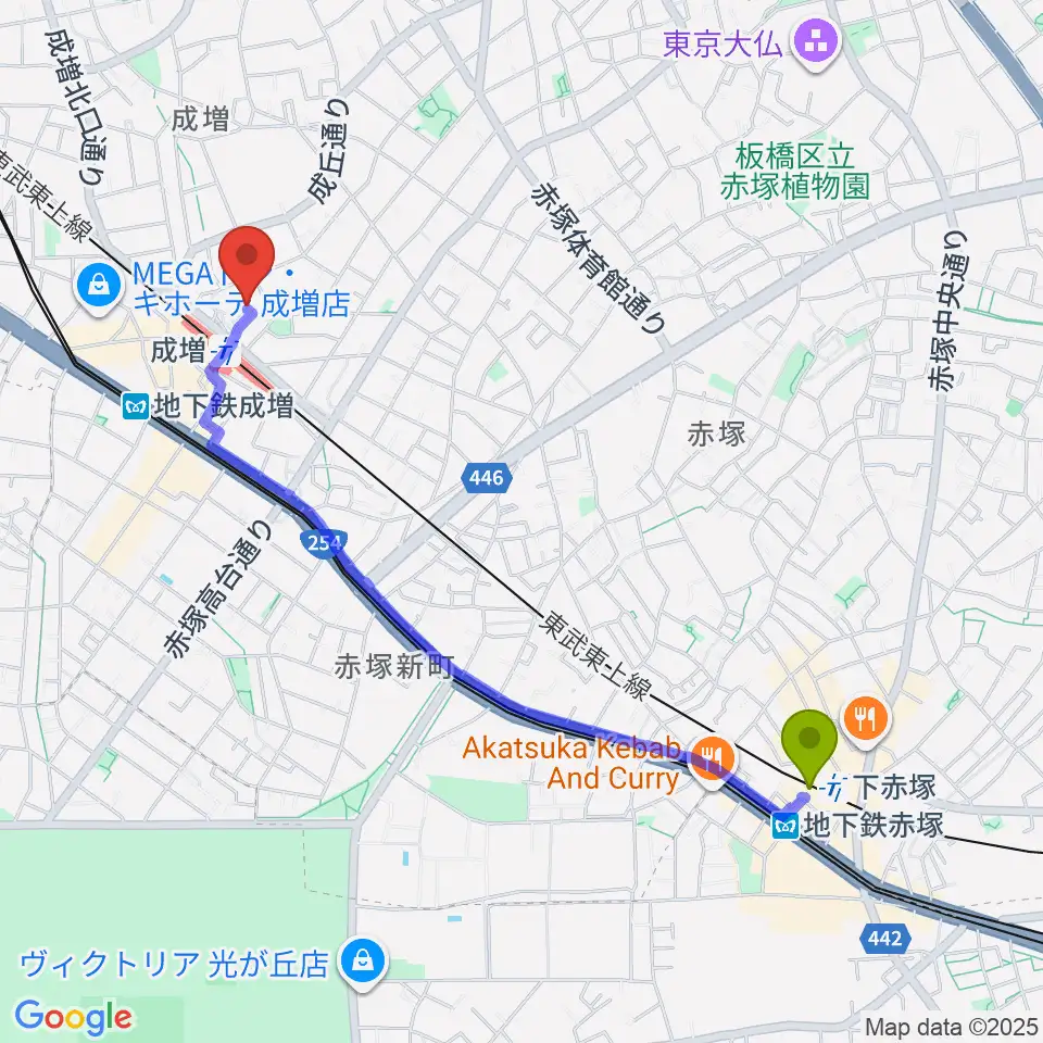 下赤塚駅から成増アクトホールへのルートマップ地図