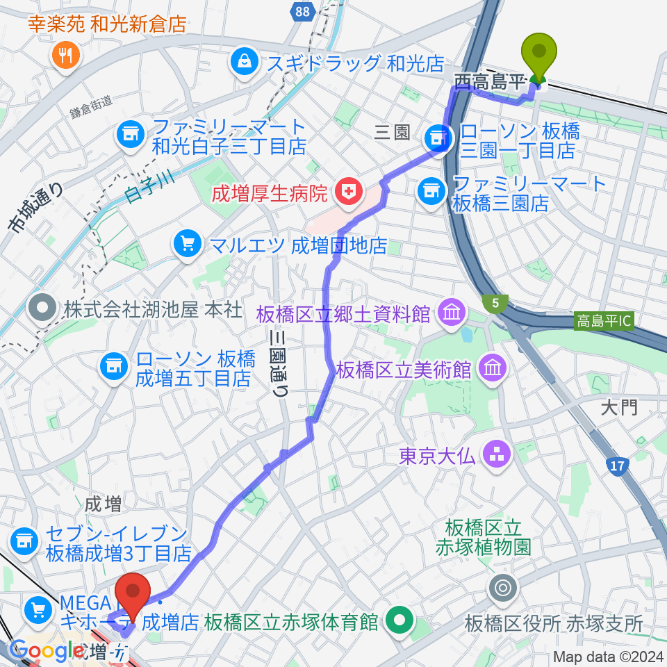 西高島平駅から成増アクトホールへのルートマップ地図