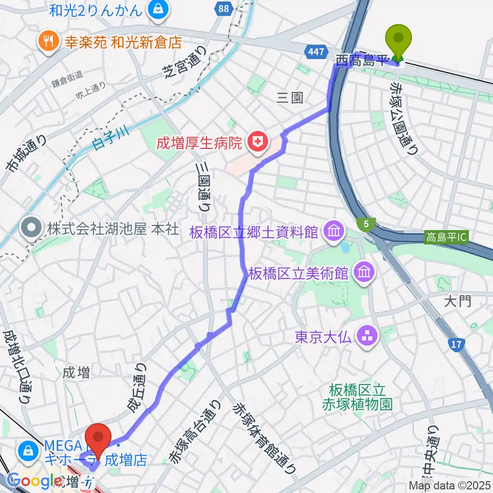 西高島平駅から成増アクトホールへのルートマップ地図