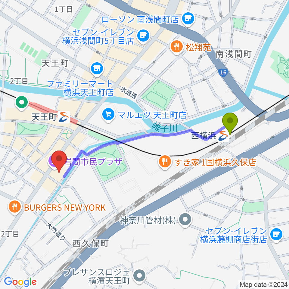 西横浜駅から横浜市岩間市民プラザへのルートマップ地図