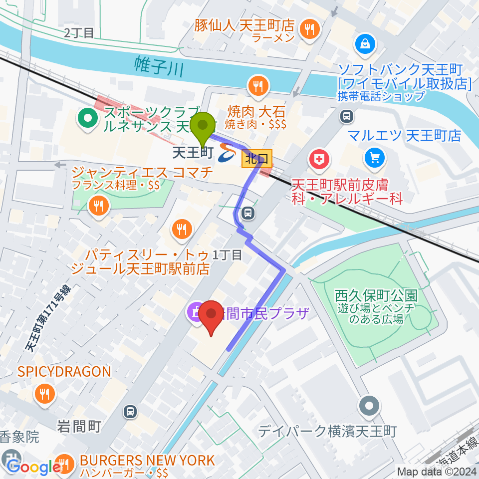 横浜市岩間市民プラザの最寄駅天王町駅からの徒歩ルート（約3分）地図