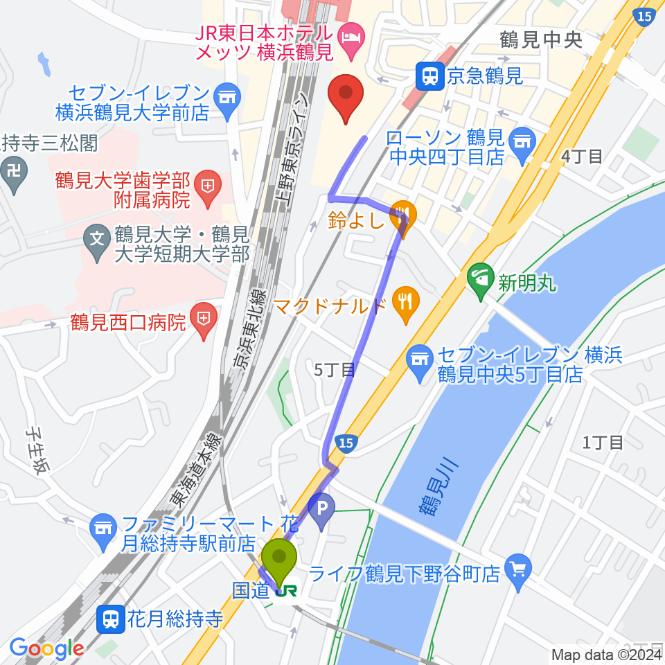 国道駅から鶴見区民文化センターサルビアホールへのルートマップ地図