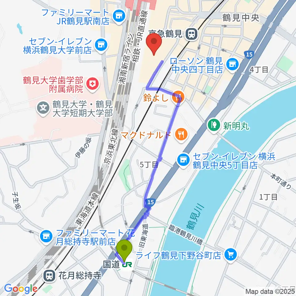 国道駅から鶴見区民文化センターサルビアホールへのルートマップ地図
