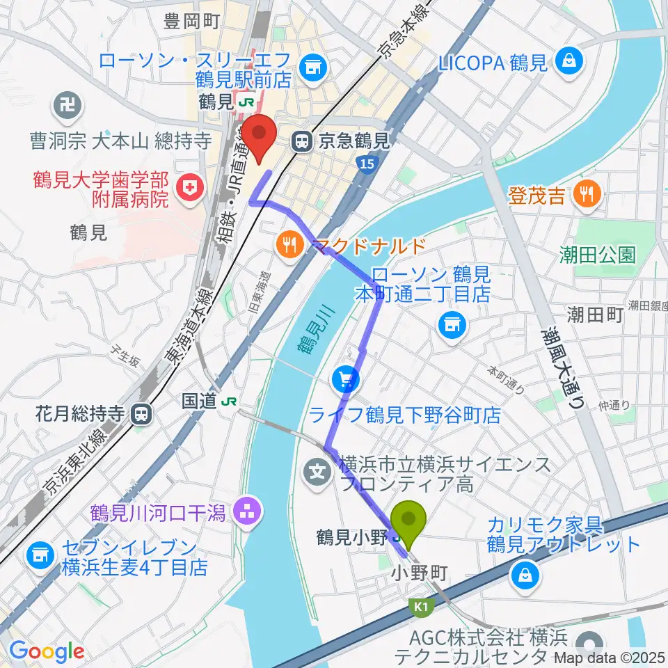 鶴見小野駅から鶴見区民文化センターサルビアホールへのルートマップ地図