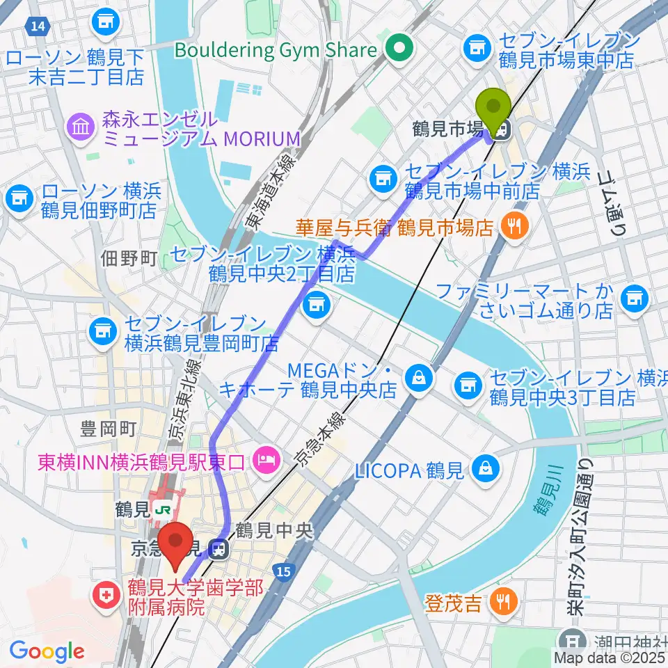 鶴見市場駅から鶴見区民文化センターサルビアホールへのルートマップ地図