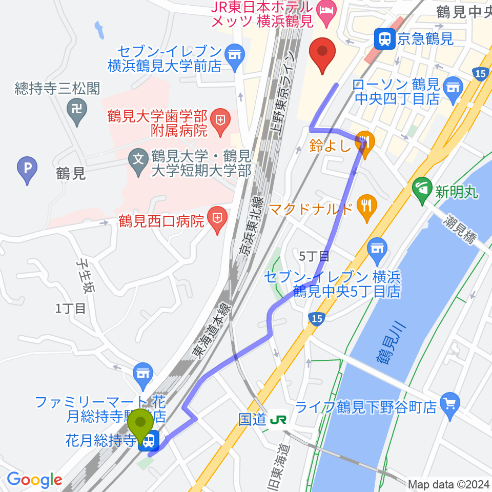 花月総持寺駅から鶴見区民文化センターサルビアホールへのルートマップ地図