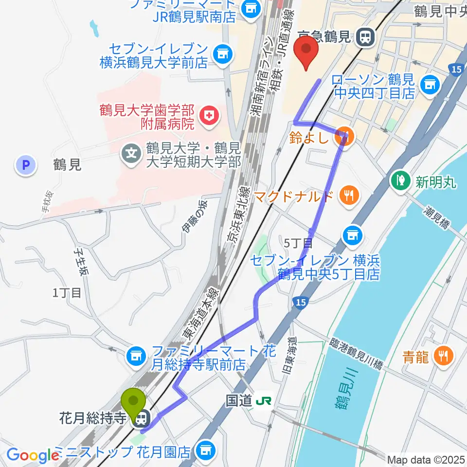 花月総持寺駅から鶴見区民文化センターサルビアホールへのルートマップ地図