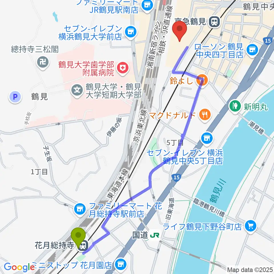 花月総持寺駅から鶴見区民文化センターサルビアホールへのルートマップ地図