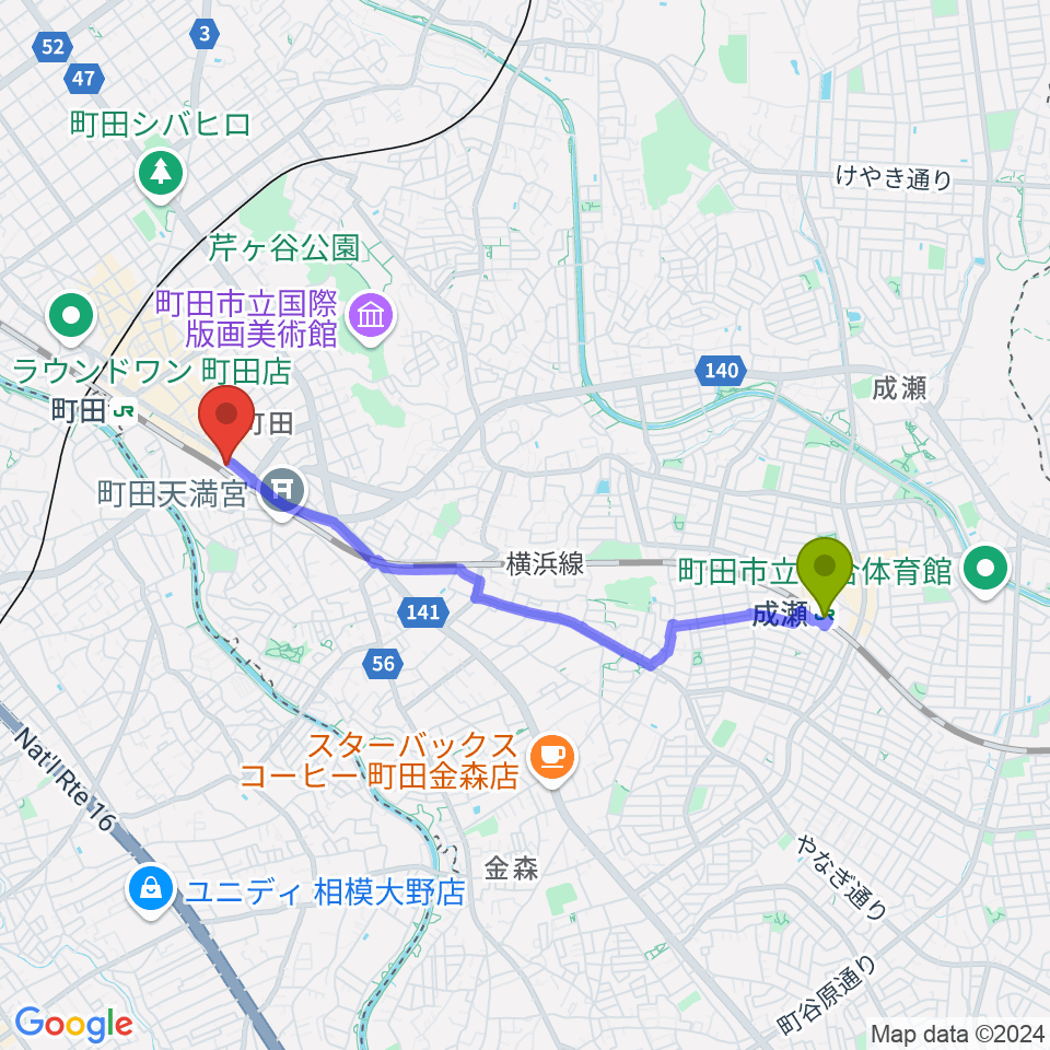 成瀬駅から町田ターミナルプラザ市民広場へのルートマップ地図