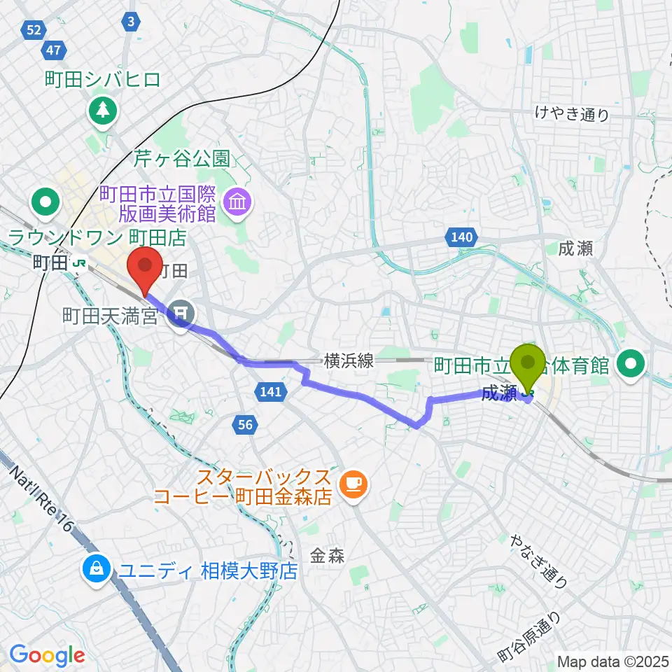 成瀬駅から町田ターミナルプラザ市民広場へのルートマップ地図