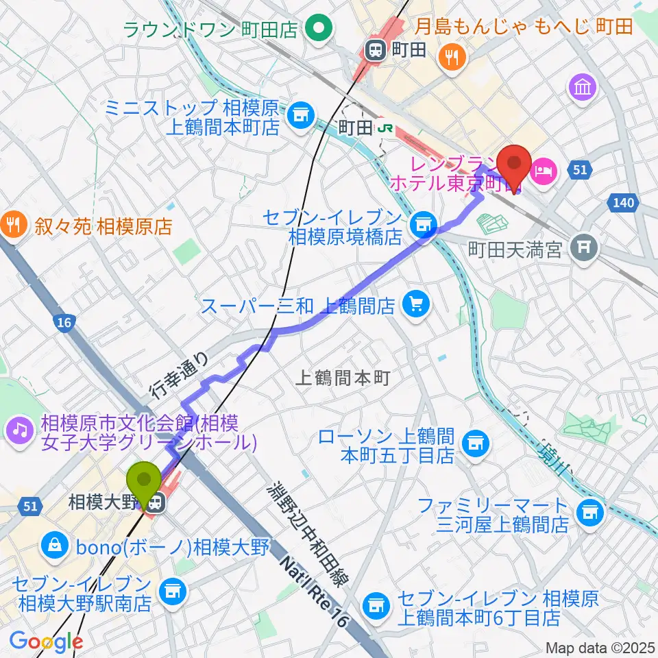 相模大野駅から町田ターミナルプラザ市民広場へのルートマップ地図