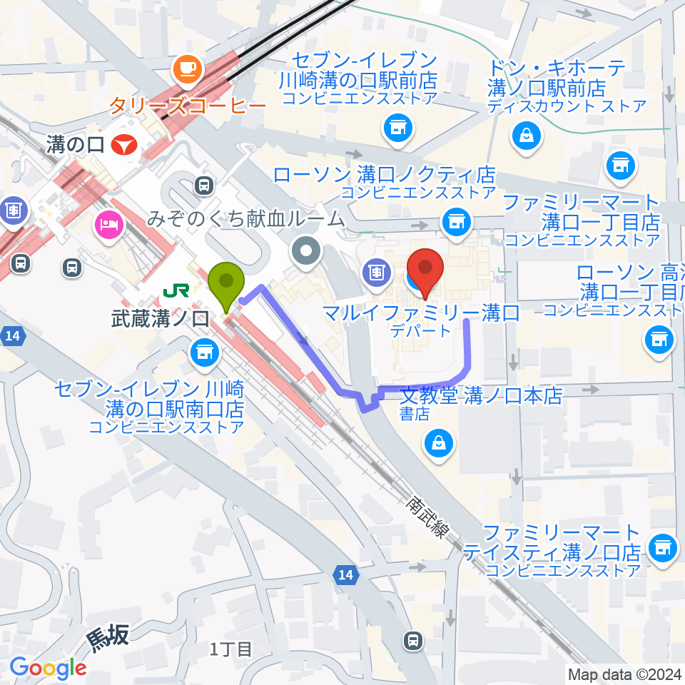 川崎市高津市民館の最寄駅武蔵溝ノ口駅からの徒歩ルート（約2分）地図