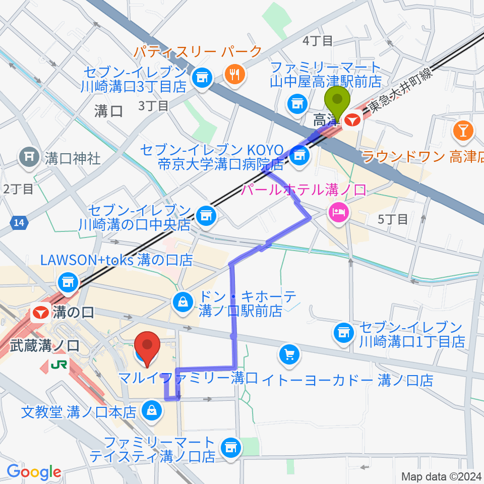 高津駅から川崎市高津市民館へのルートマップ地図