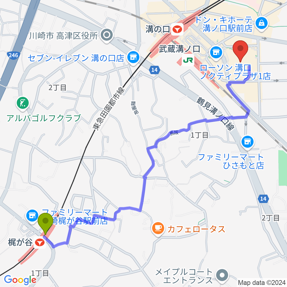 梶が谷駅から川崎市高津市民館へのルートマップ地図