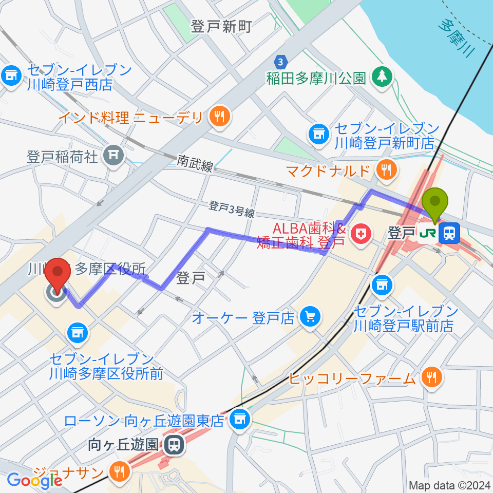 登戸駅から川崎市多摩市民館へのルートマップ地図