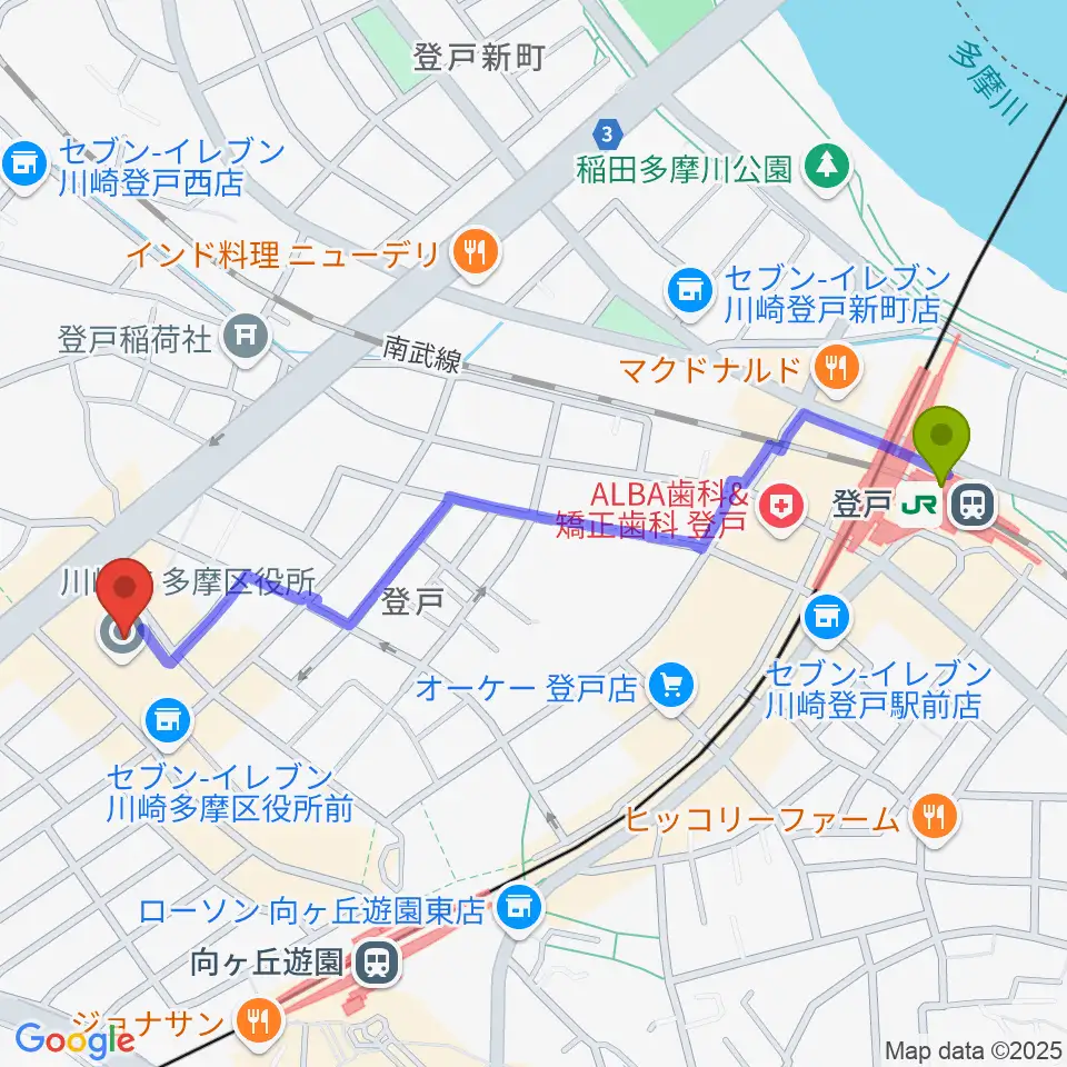 登戸駅から川崎市多摩市民館へのルートマップ地図