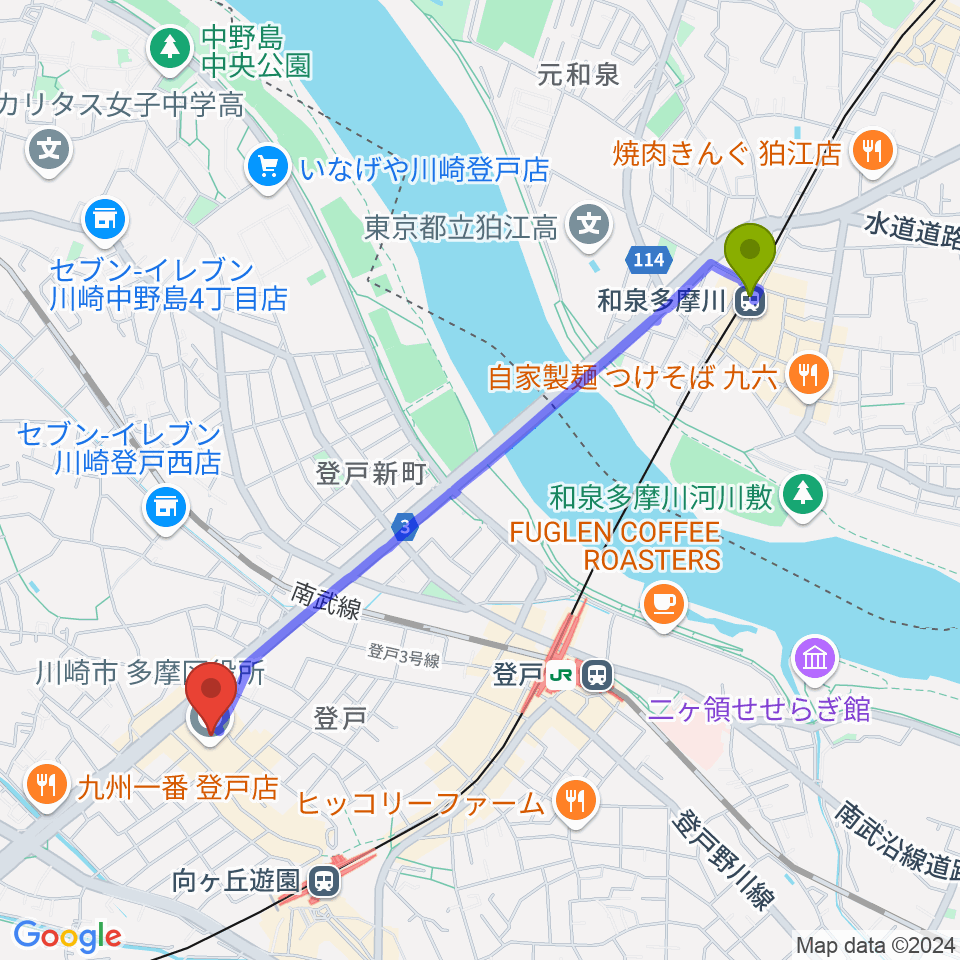 和泉多摩川駅から川崎市多摩市民館へのルートマップ地図