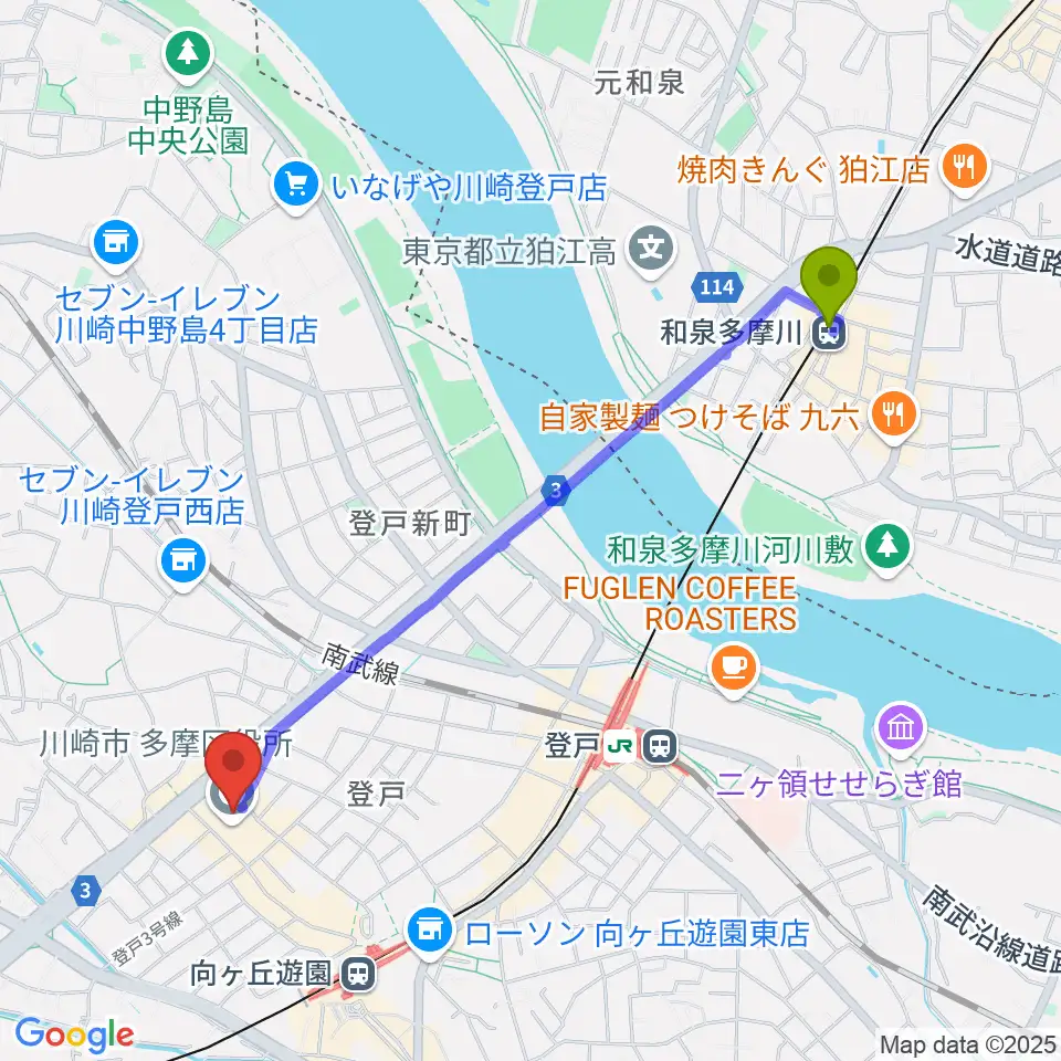 和泉多摩川駅から川崎市多摩市民館へのルートマップ地図