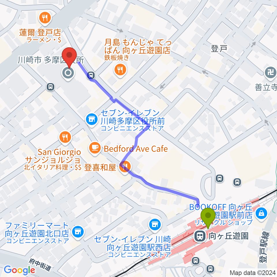 川崎市多摩市民館の最寄駅向ヶ丘遊園駅からの徒歩ルート（約6分）地図