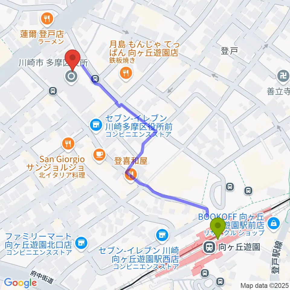 川崎市多摩市民館の最寄駅向ヶ丘遊園駅からの徒歩ルート（約6分）地図