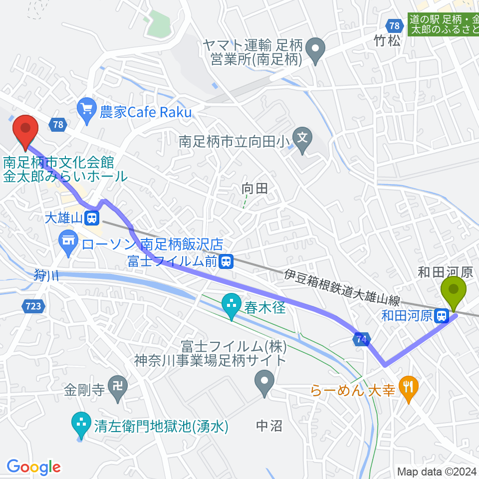 和田河原駅から南足柄市文化会館 金太郎みらいホールへのルートマップ地図