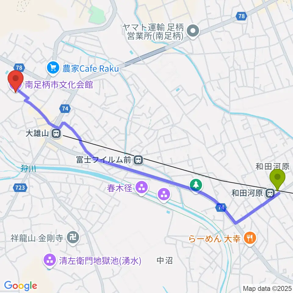 和田河原駅から南足柄市文化会館 金太郎みらいホールへのルートマップ地図