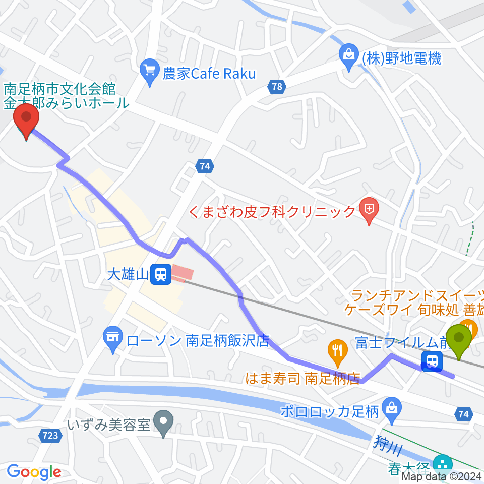富士フイルム前駅から南足柄市文化会館 金太郎みらいホールへのルートマップ地図