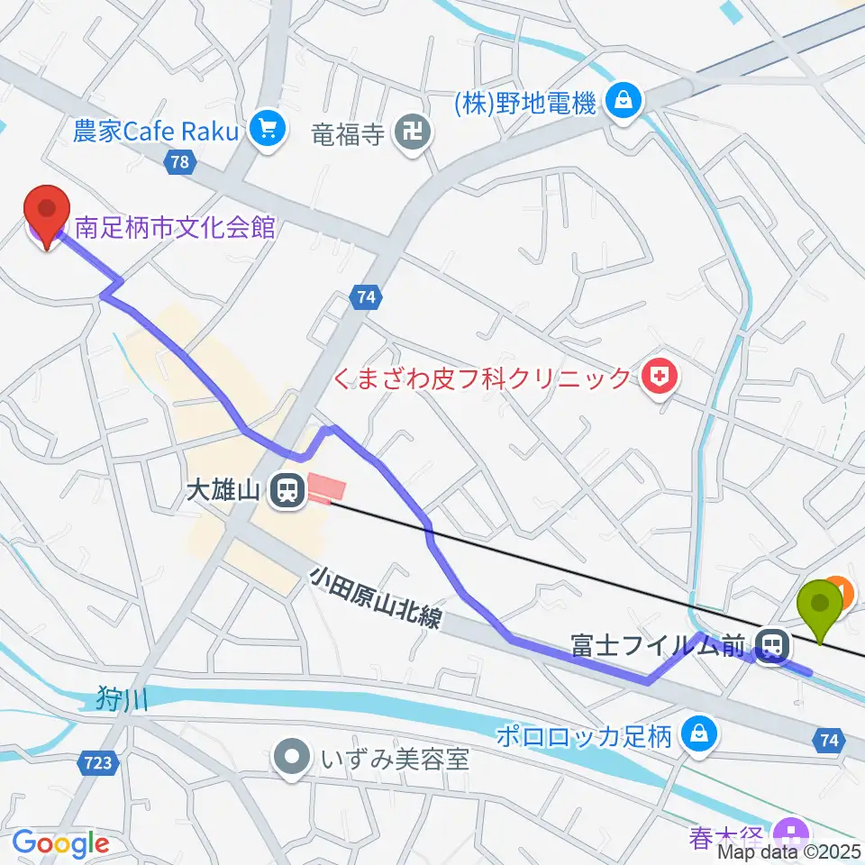 富士フイルム前駅から南足柄市文化会館 金太郎みらいホールへのルートマップ地図
