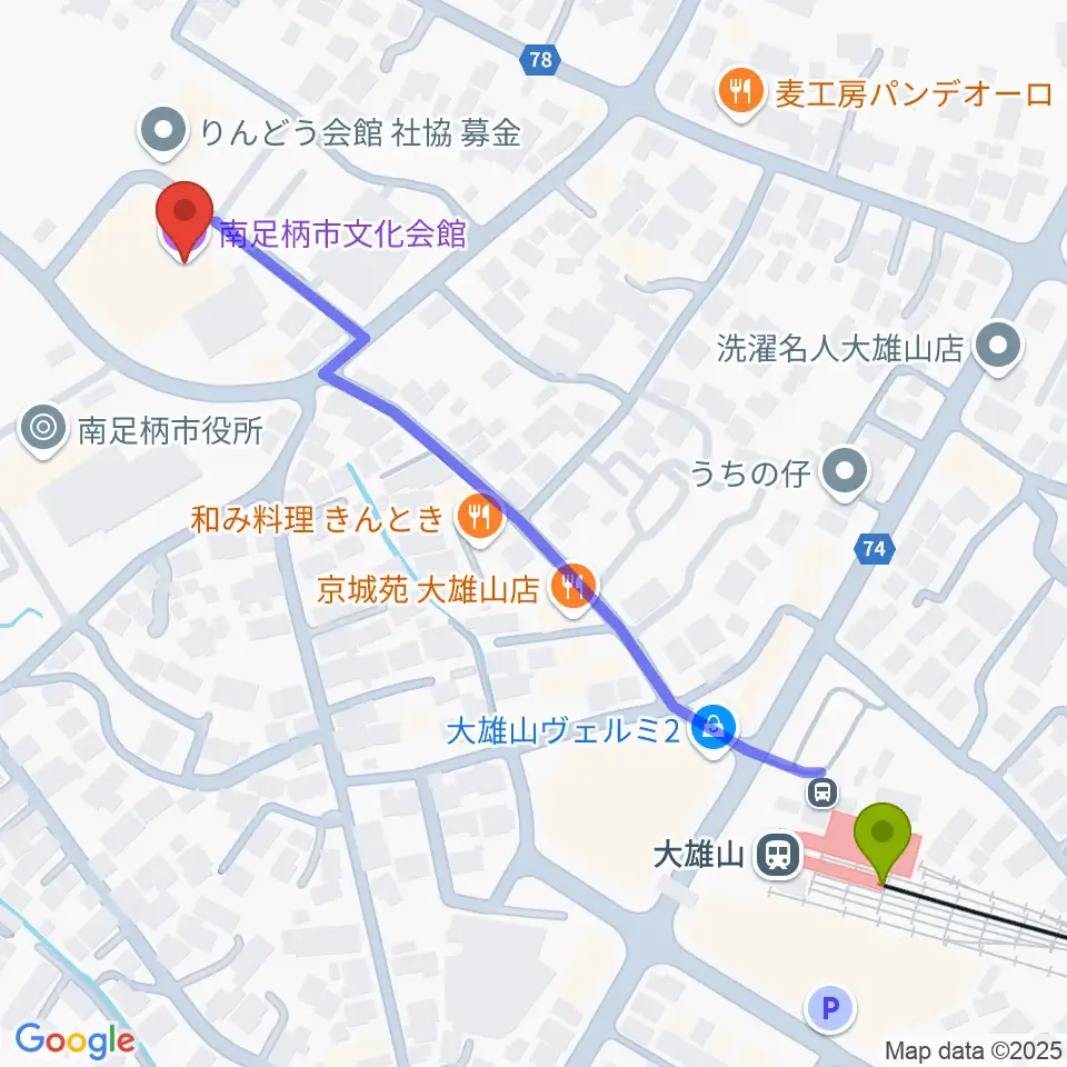 南足柄市文化会館 金太郎みらいホールの最寄駅大雄山駅からの徒歩ルート（約7分）地図
