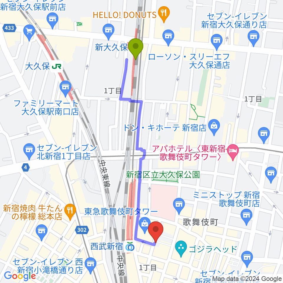 新大久保駅から新宿BLAZEへのルートマップ地図