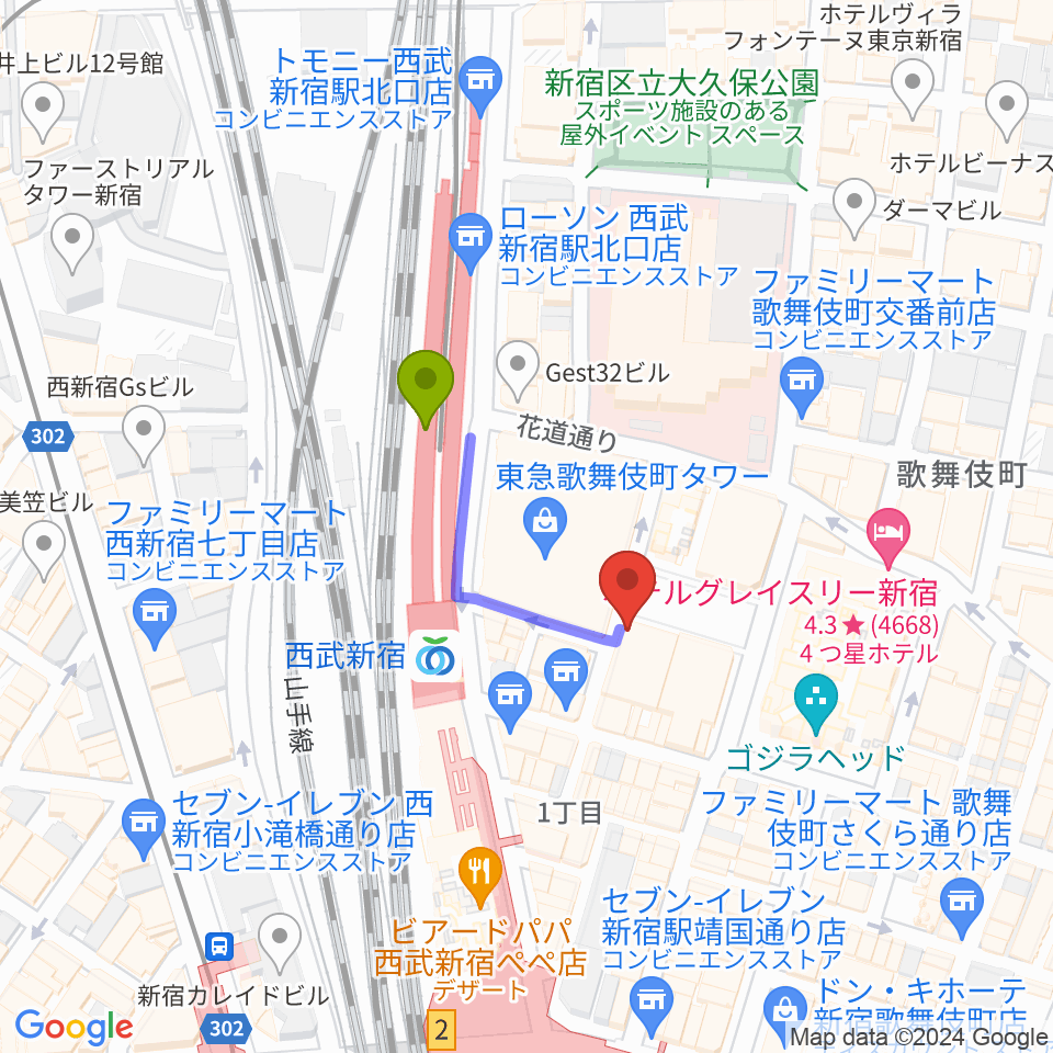 新宿BLAZEの最寄駅西武新宿駅からの徒歩ルート（約2分）地図