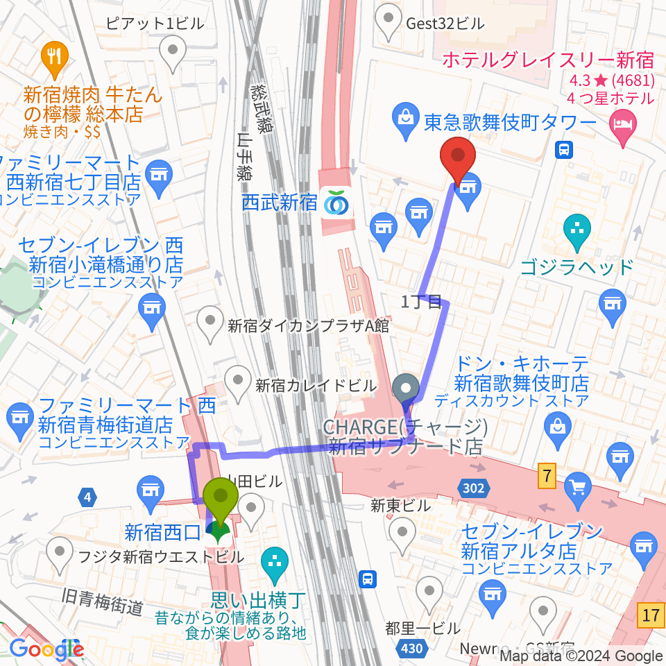新宿西口駅から新宿BLAZEへのルートマップ地図