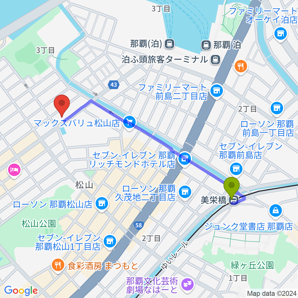 ライブイン寓話の最寄駅美栄橋駅からの徒歩ルート（約11分）地図