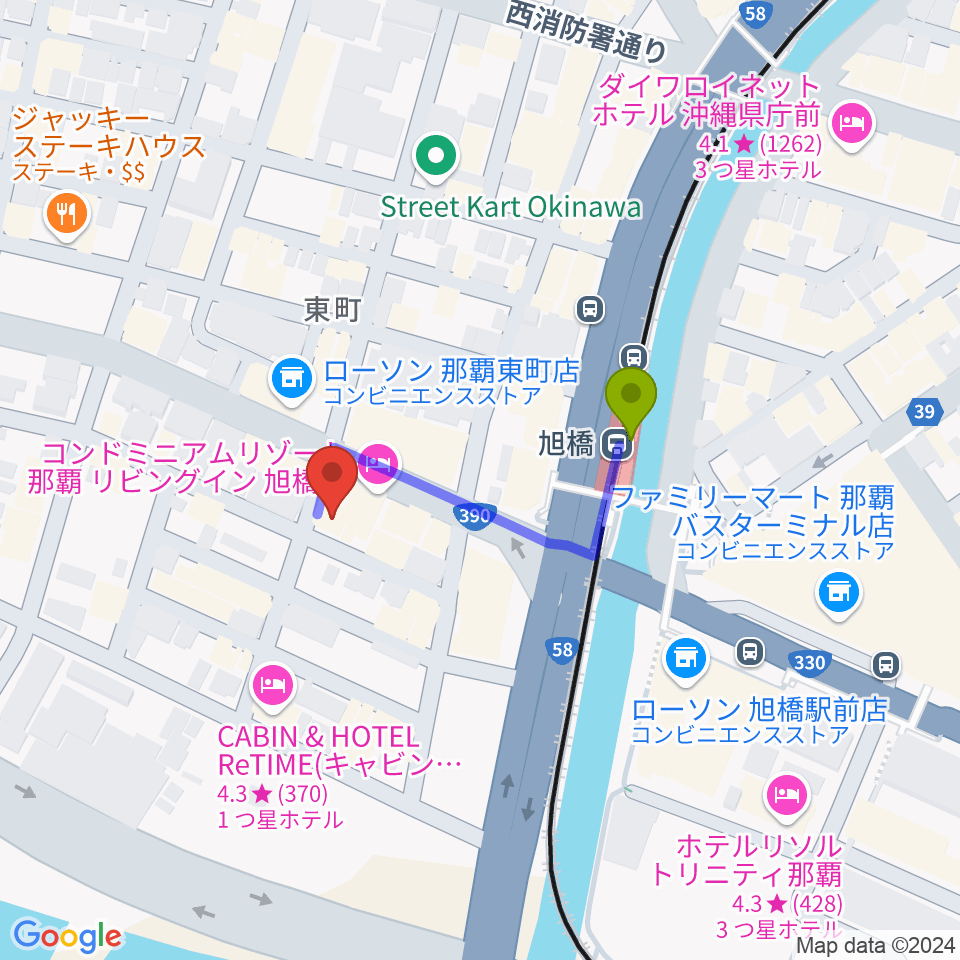 那覇PINO'S PLACE（ピノスプレイス）の最寄駅旭橋駅からの徒歩ルート（約3分）地図