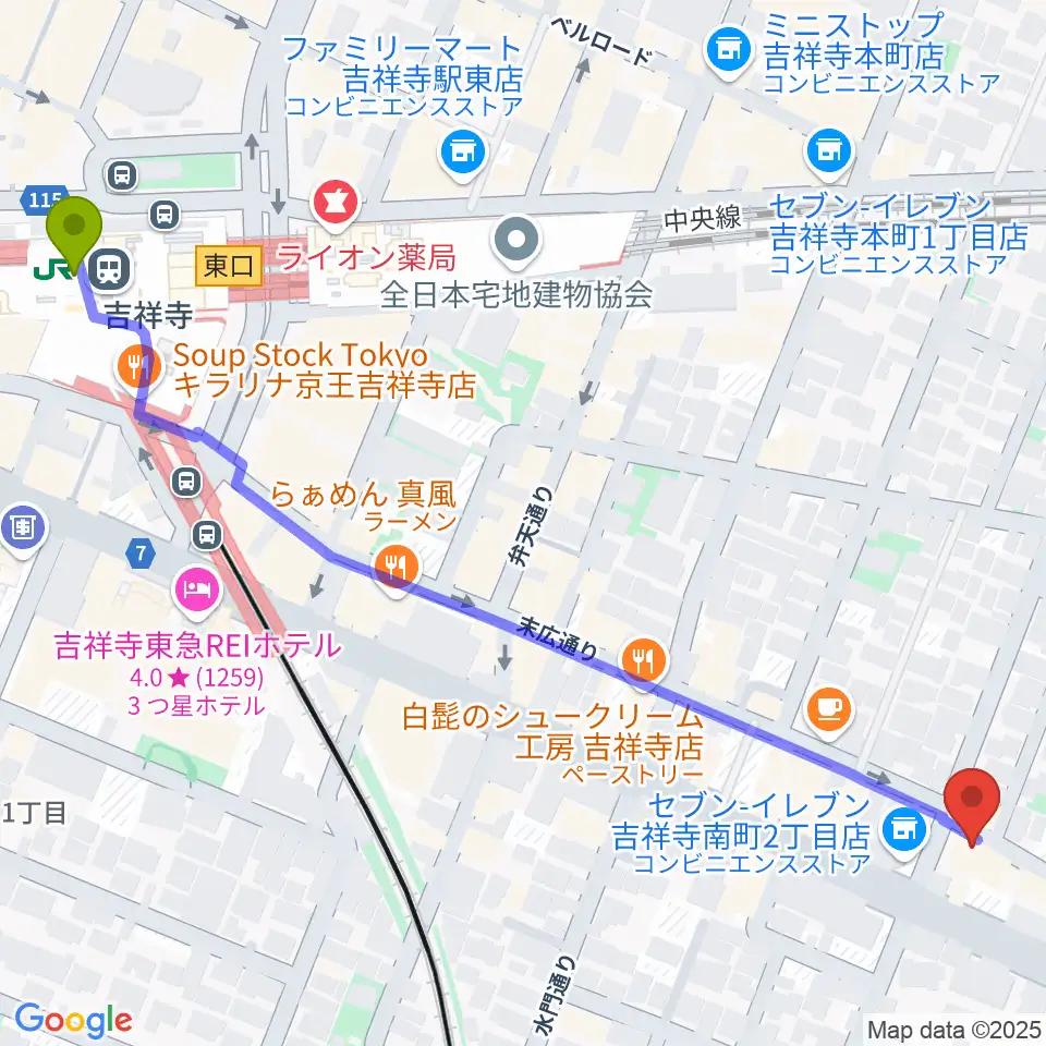 吉祥寺駅からジェイズギタージムへのルートマップ地図