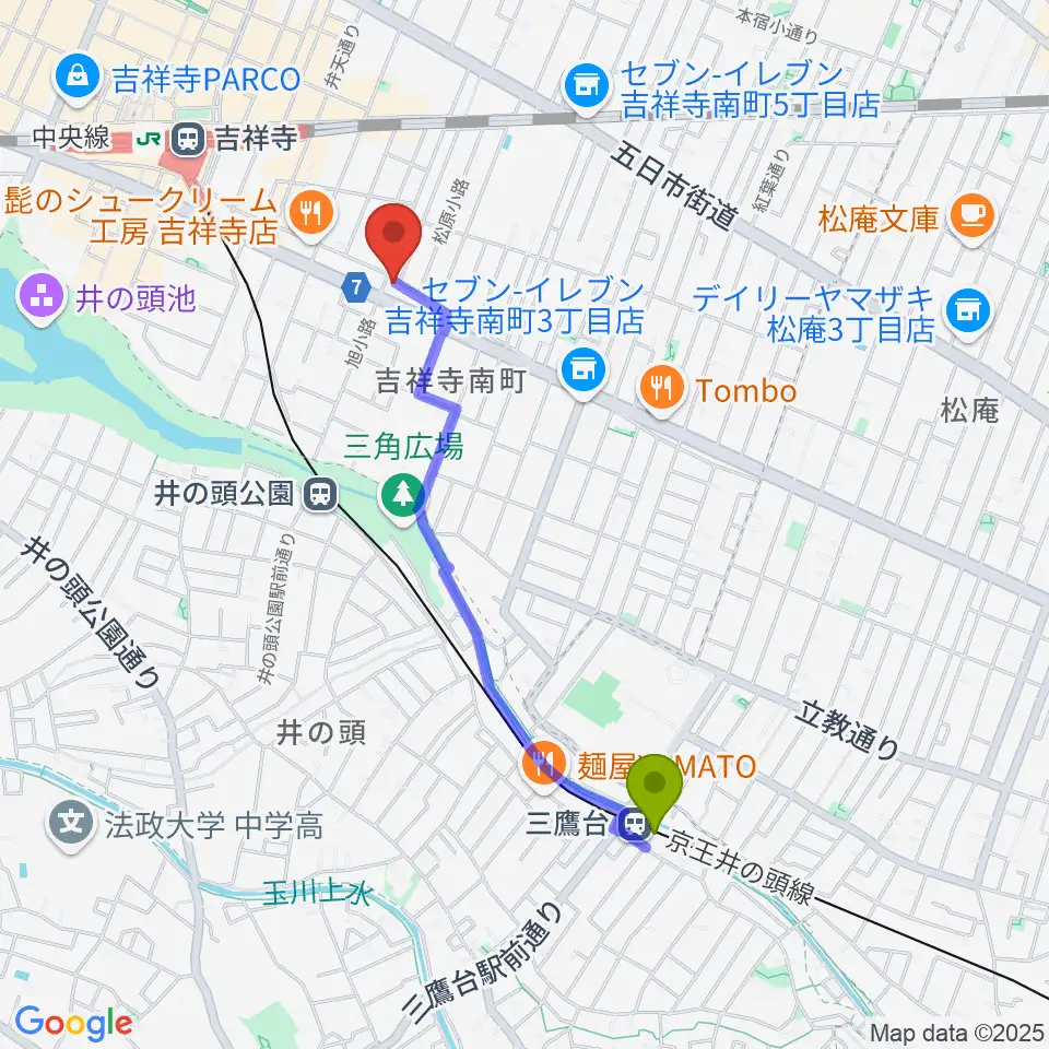 三鷹台駅からジェイズギタージムへのルートマップ地図
