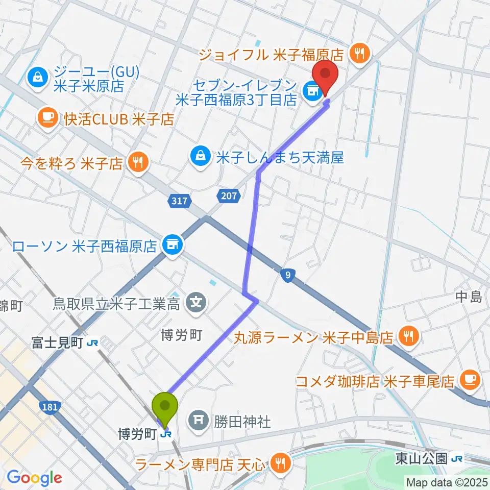 博労町駅からヤマハパルス米子楽器 米子店へのルートマップ地図