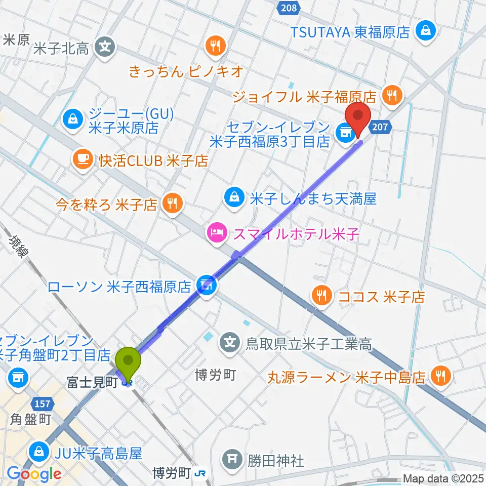 ヤマハパルス米子楽器 米子店の最寄駅富士見町駅からの徒歩ルート（約21分）地図