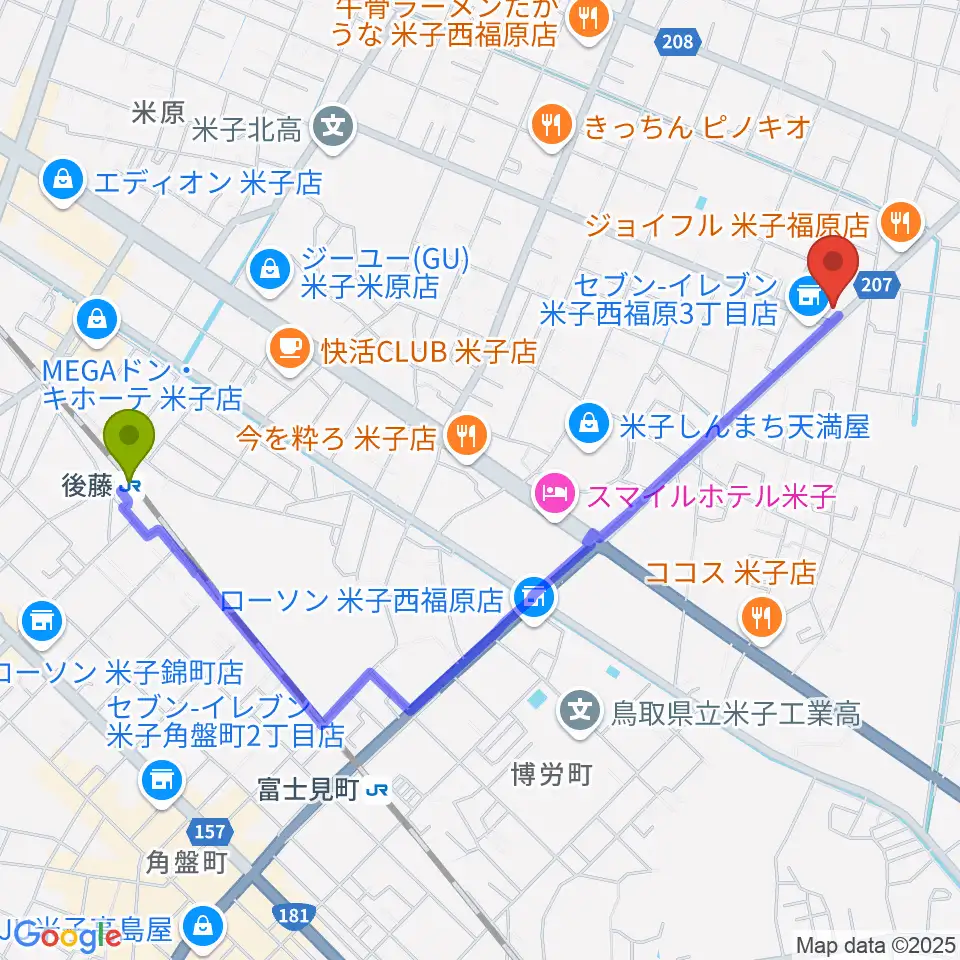 後藤駅からヤマハパルス米子楽器 米子店へのルートマップ地図