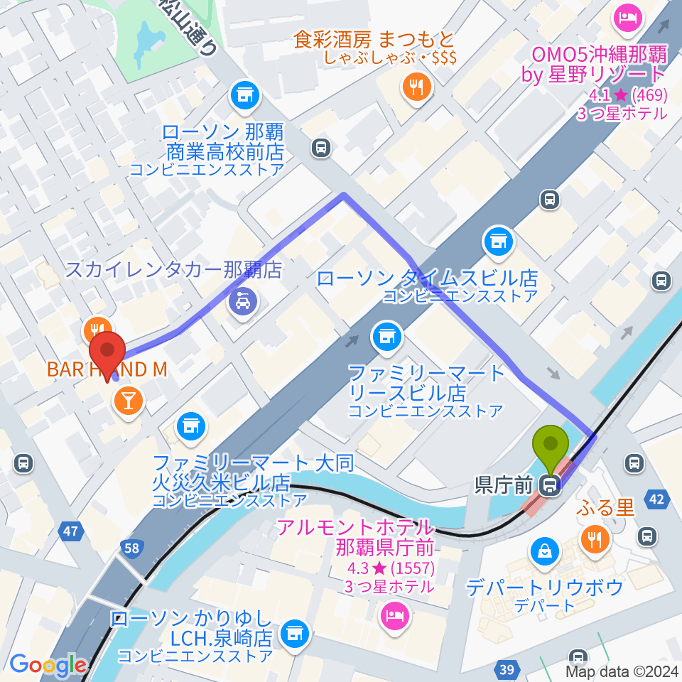 那覇トップノートの最寄駅県庁前駅からの徒歩ルート（約6分）地図